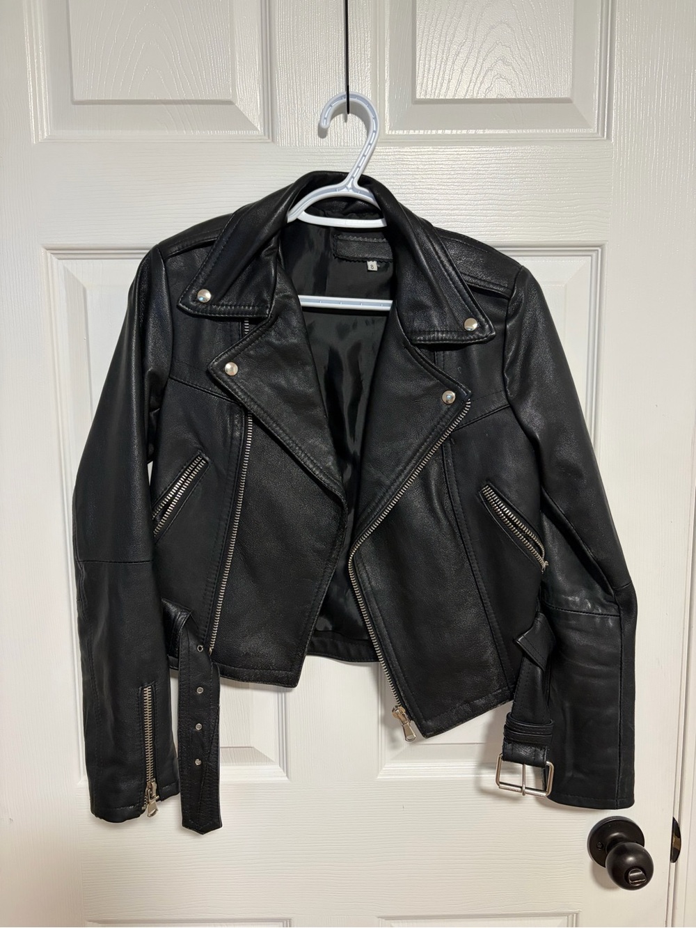 Black REAL Leather Moto Jacket with Belted Waist